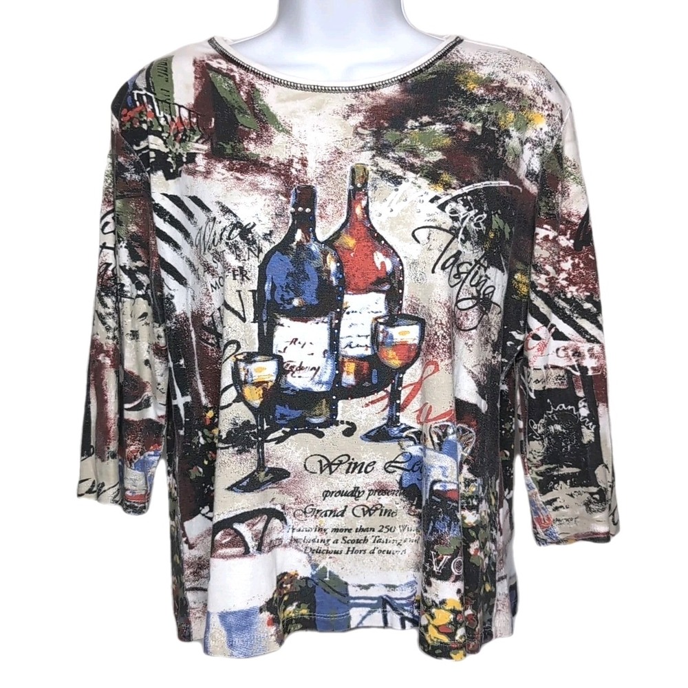 VTG Jess & Jane Short Knit Top M Cotton Wine Tasting Rhinestones 3/4 Sleeves USA